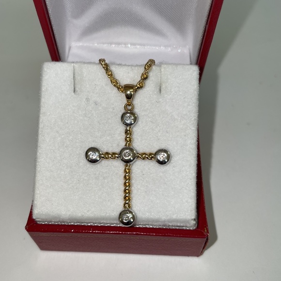 Real 14K Yellow Gold Natural Diamond Bezel Religious Cross Pendant Rope Necklace - Picture 16 of 17
